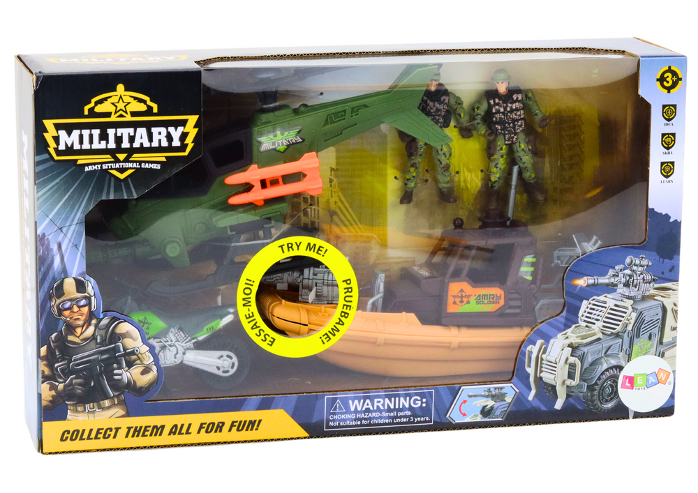 Vojenský set s bojovou lodí helikoptérou a vojáky se zvuky