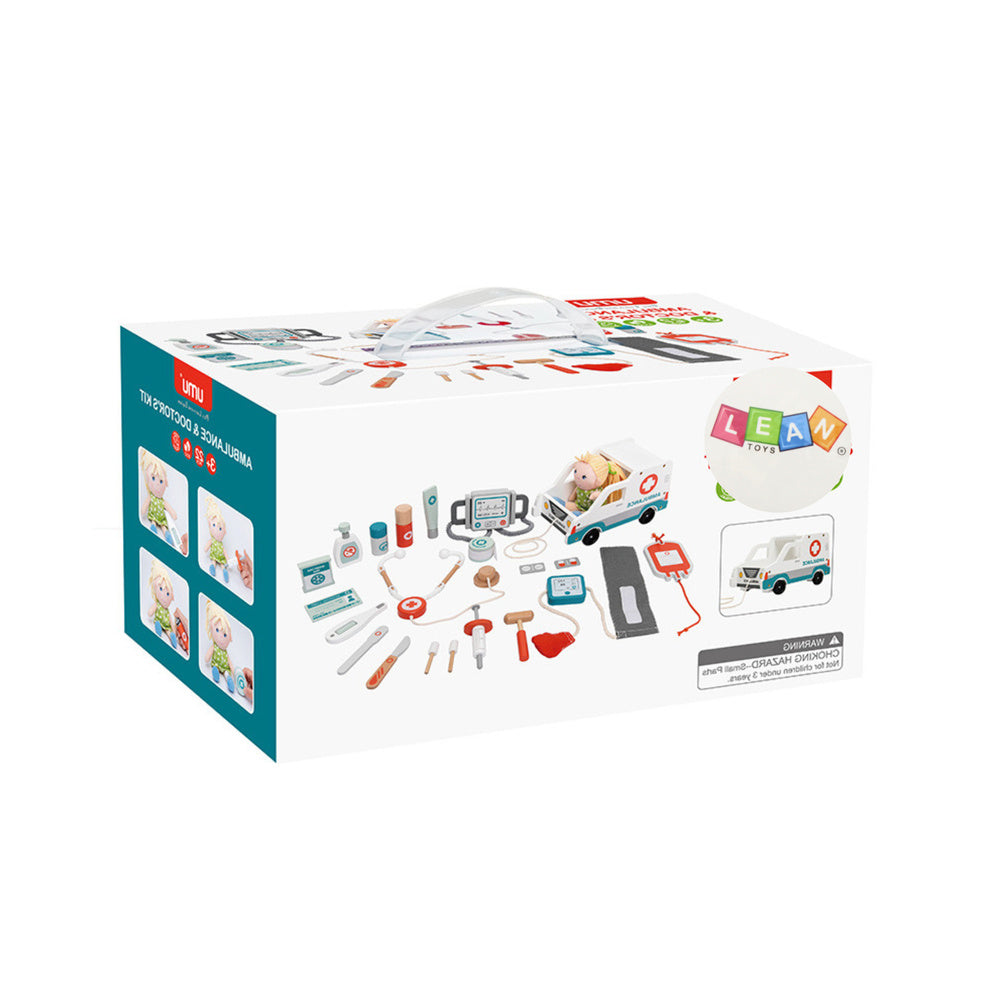 Záchranářský set dřevěný 22 dílů s defibrilátorem a sanitkou