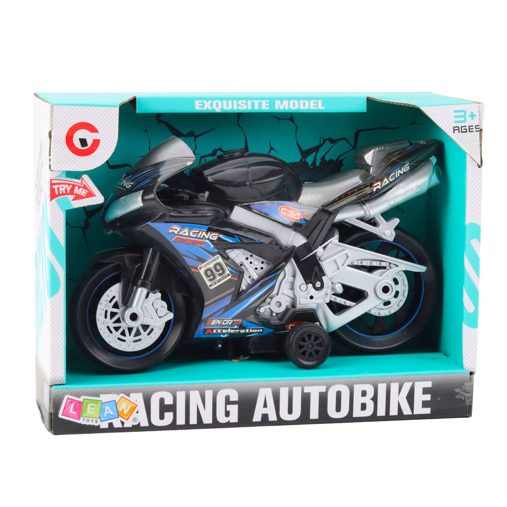 Závodní motocykl se světly a zvuky – černo modrý