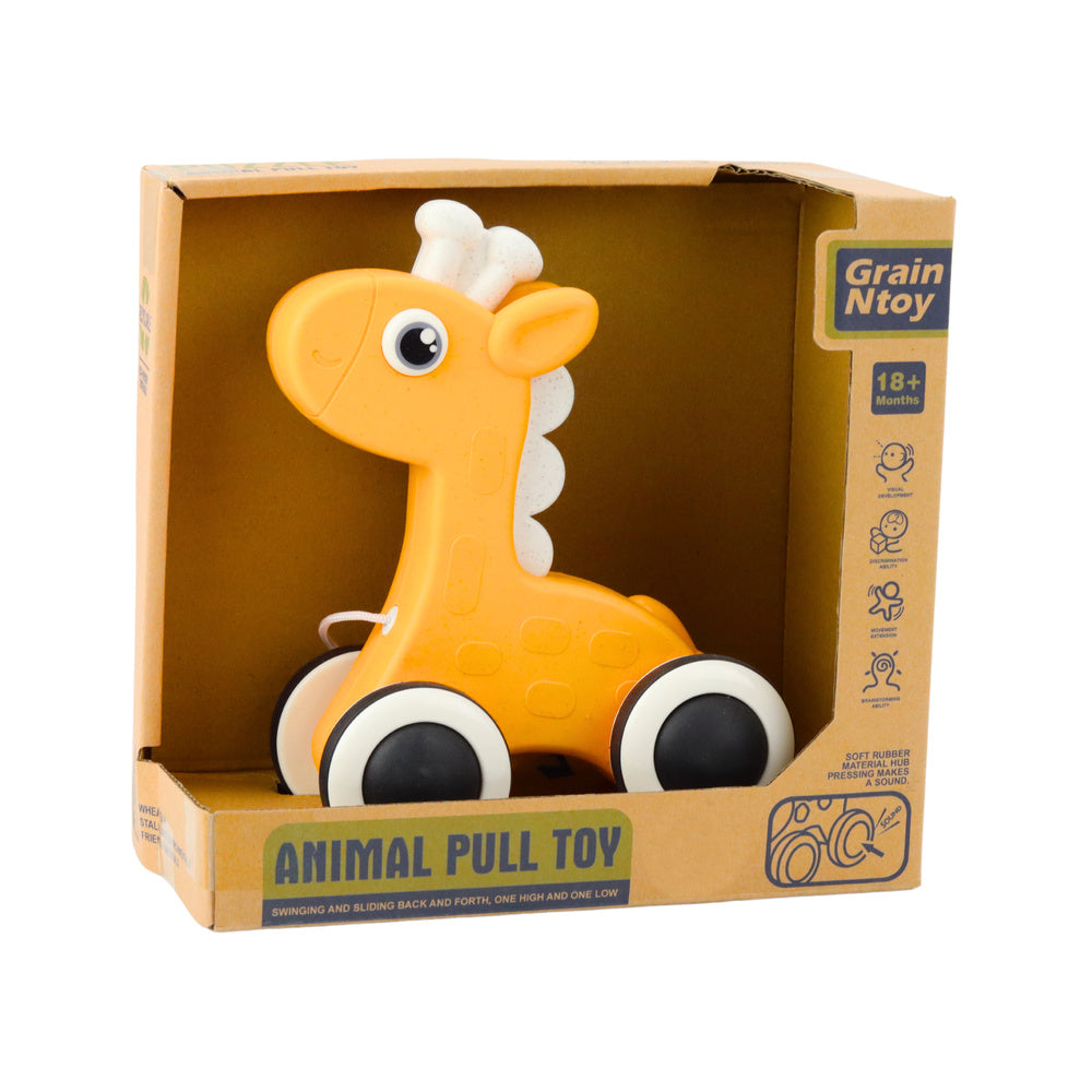 Žirafa na kolečkách se šňůrkou – eko hračka | žlutá