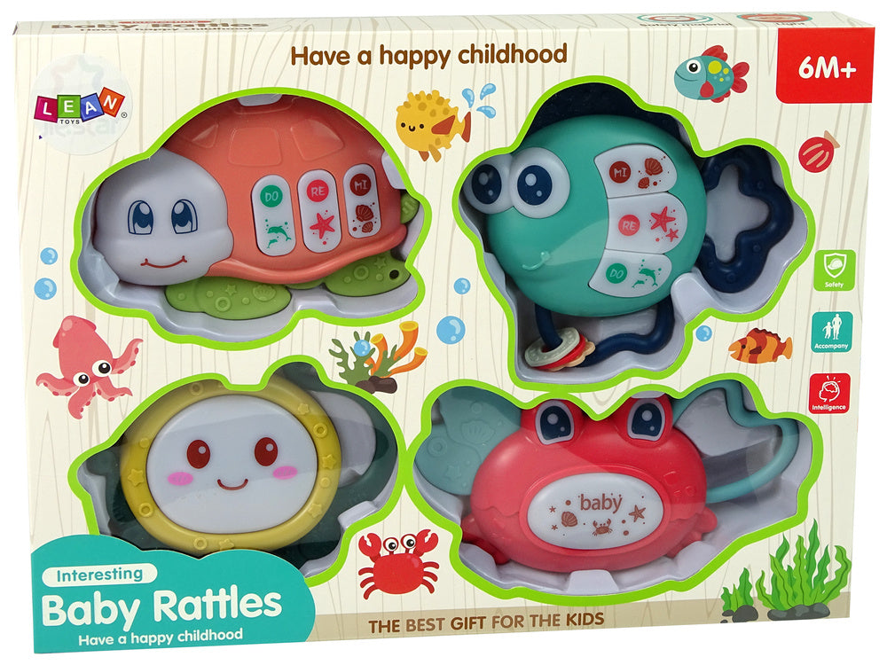 Baby Rattles Set of 4 Pieces Tortoise Fish Sea Animals Teether
