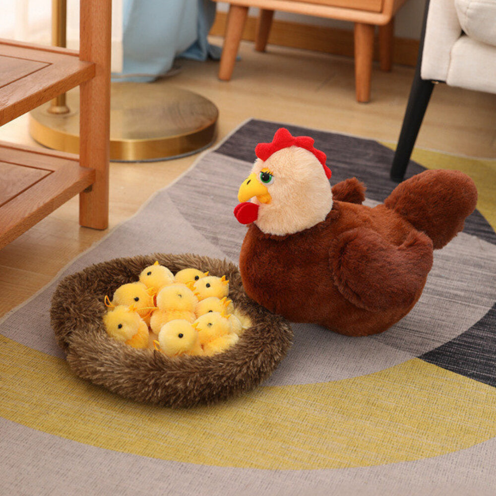 Plyšová slepice s kuřátky v hnízdě – 10 ks – interaktivní hračka