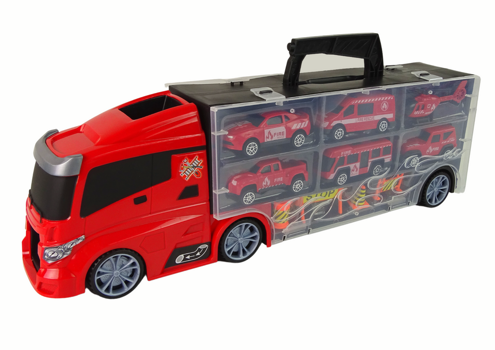 Hasičský transportér s autíčky a helikoptérou – sada 6 vozidel