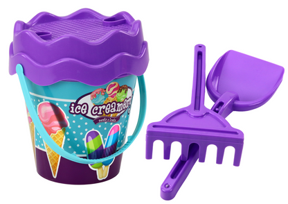 Sada na písek s kbelíkem, lopatkou, hráběmi a konví – zmrzlina