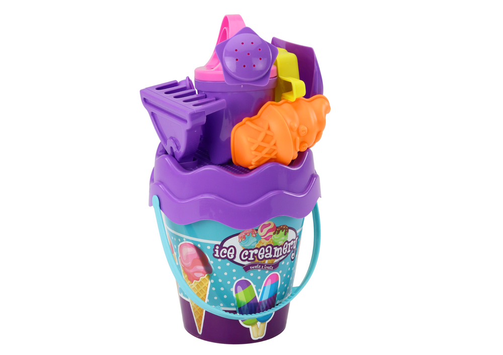 Sada na písek s kbelíkem, lopatkou, hráběmi a konví – zmrzlina