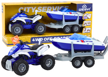 Policejní čtyřkolka s přívěsem a motorovým člunem pro děti