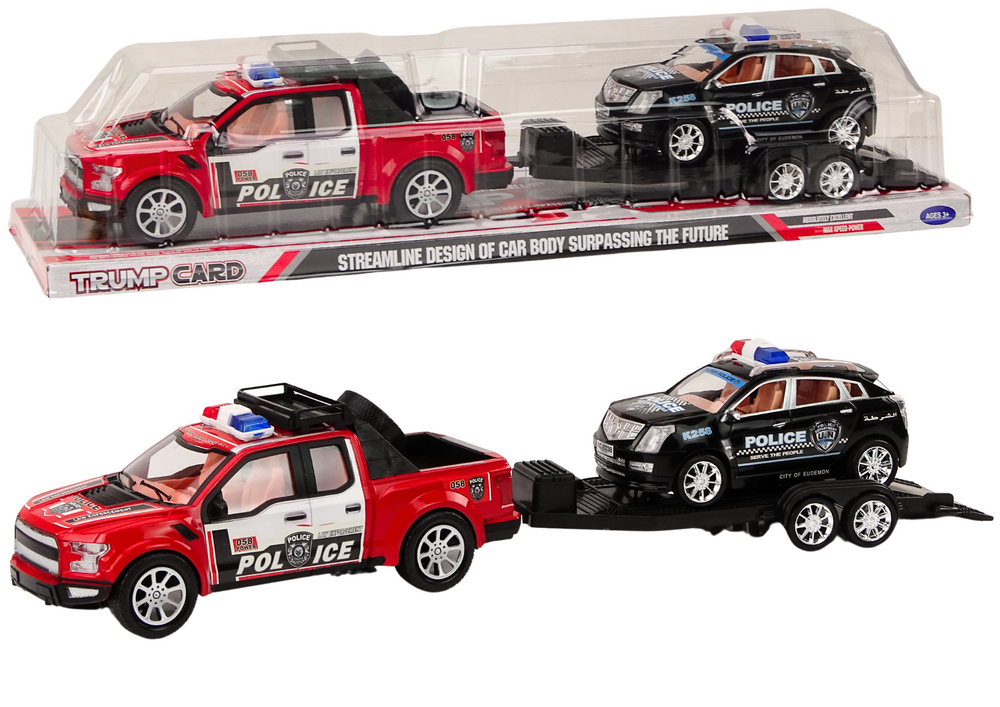 Policejní pickup s odtahovým přívěsem a terénním autem – Police Set