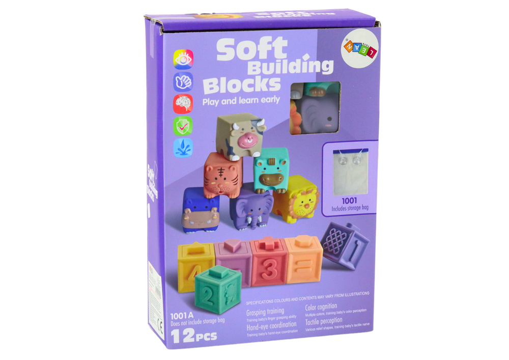 Měkké vzdělávací kostky se zvířátky, čísly a písmeny – 12 ks