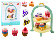 Dřevěný set dortů a cupcaků se stojanem – cukrářská sada