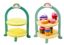 Dřevěný set dortů a cupcaků se stojanem – cukrářská sada