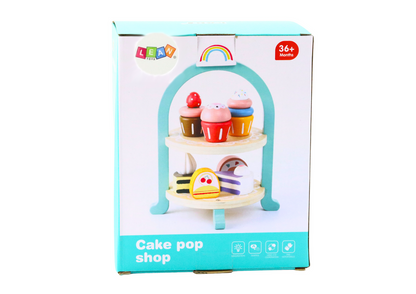 Dřevěný set dortů a cupcaků se stojanem – cukrářská sada