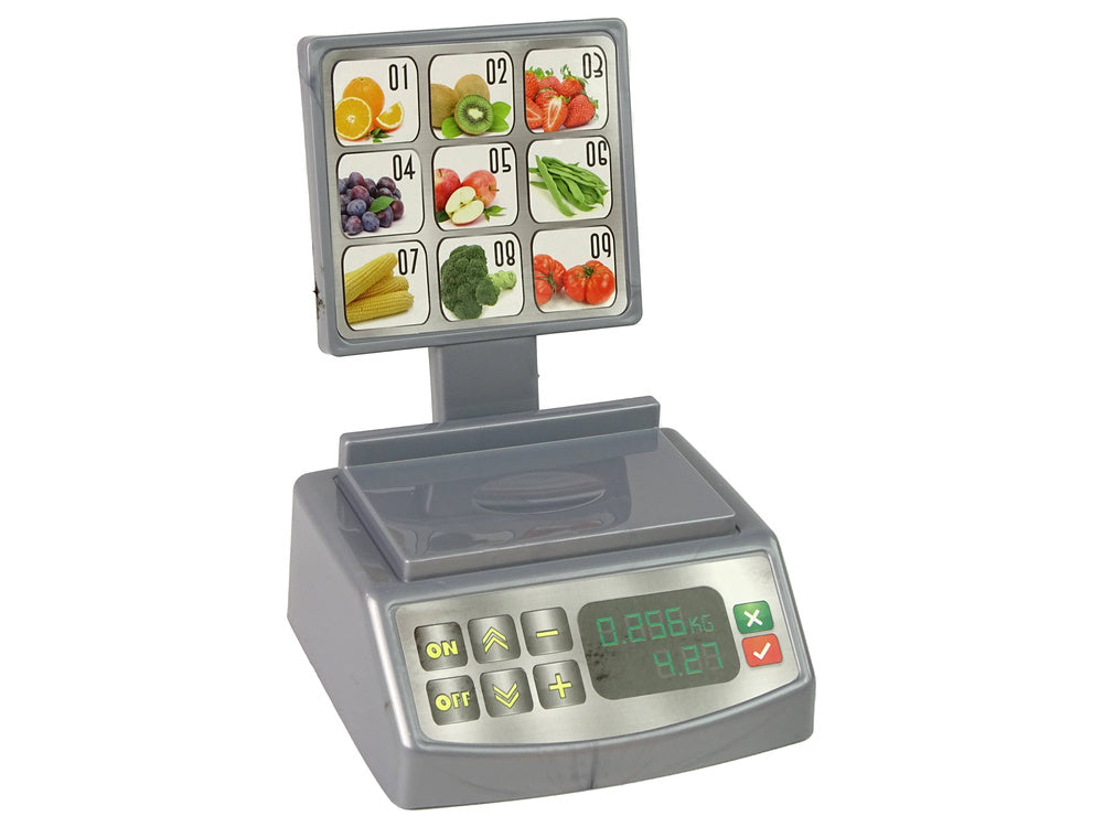 Košík s ovocem a zeleninou na krájení s váhou a příslušenstvím