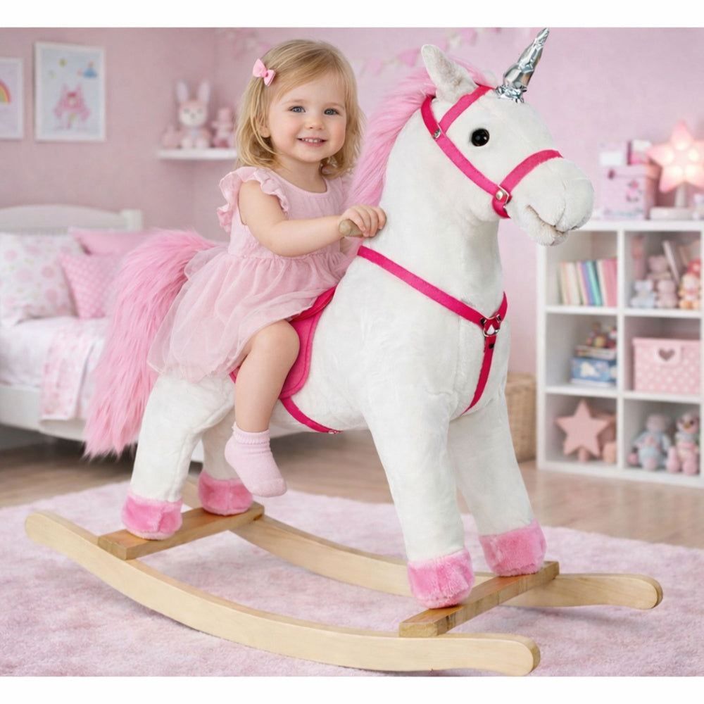 Houpací kůň jednorožec bílý se zvuky a pohybem – 74 cm