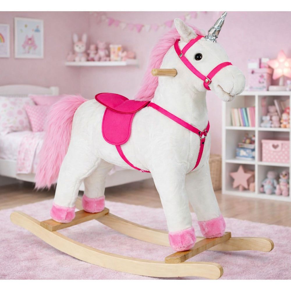 Houpací kůň jednorožec bílý se zvuky a pohybem – 74 cm