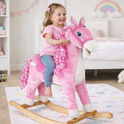 Houpací kůň se zvuky a pohyblivou tlamou růžový 74 cm