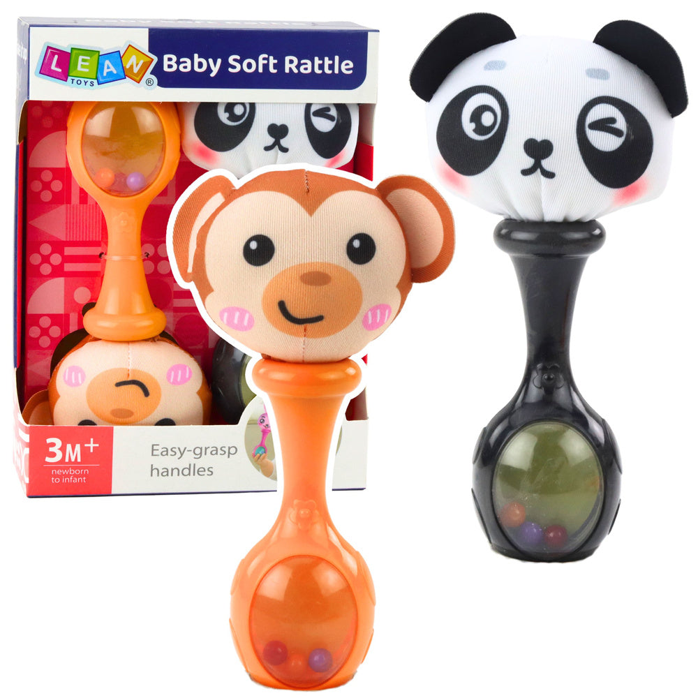 Sada chrastítek s měkkými míčky – opička a panda, 2 ks