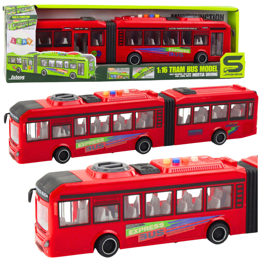 Kloubový autobus s otvíracími dveřmi, světly a zvuky 1:16 – červený