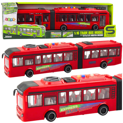 Kloubový autobus s otvíracími dveřmi, světly a zvuky 1:16 – červený