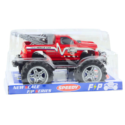 Terénní záchranářské auto s pohonem zadních kol a vlečným hákem – červené, 27 cm