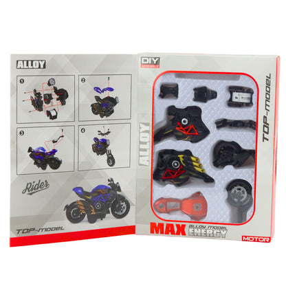 Motocykl k sestavení 1:14 DIY – oranžový model ze šroubů a kovu