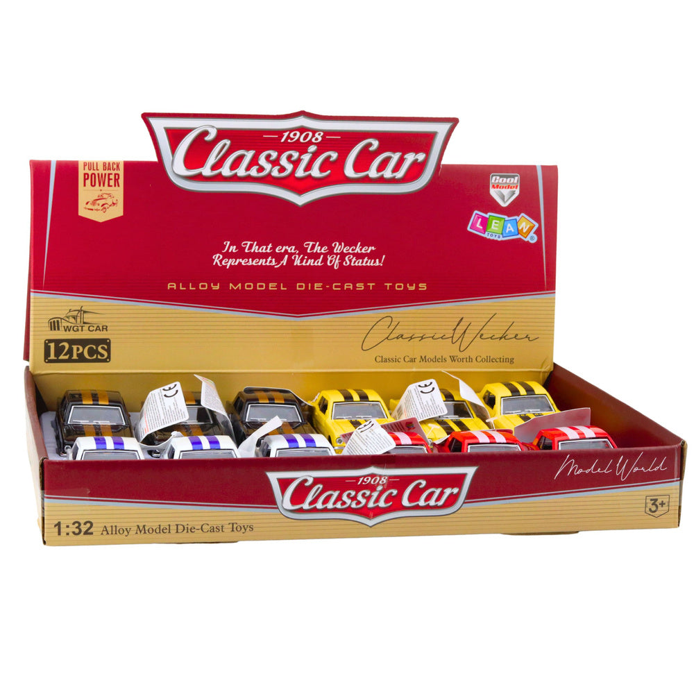 Klasické kovové auto s pull-back pohonem a otevíracími dveřmi 1:32