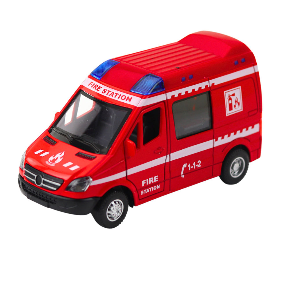 Hasičské auto kovové s pull-back motorem, světly a zvuky 1:32 – červené