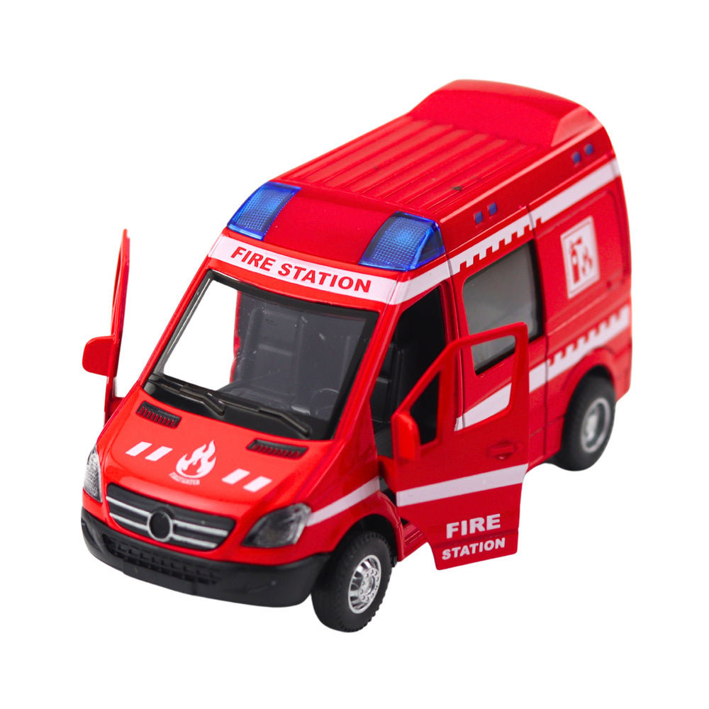 Hasičské auto kovové s pull-back motorem, světly a zvuky 1:32 – červené