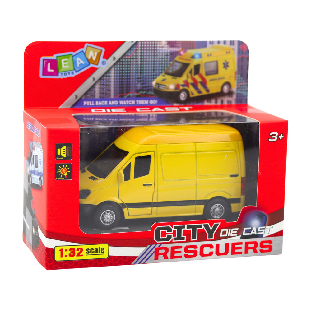 Dodávkové auto kovové se zpětným natahováním, světly a zvuky – žluté 1:32