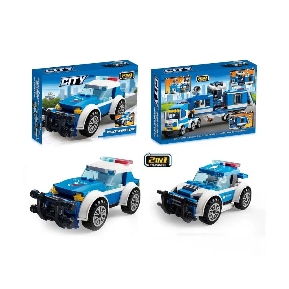 Stavebnice policie 8v1 s 98–118 dílky – vozidla a budovy