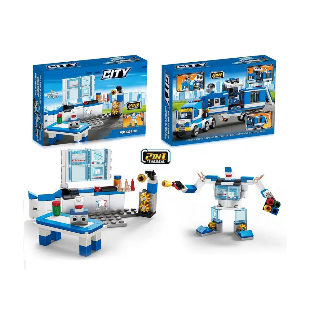 Stavebnice policie 8v1 s 98–118 dílky – vozidla a budovy