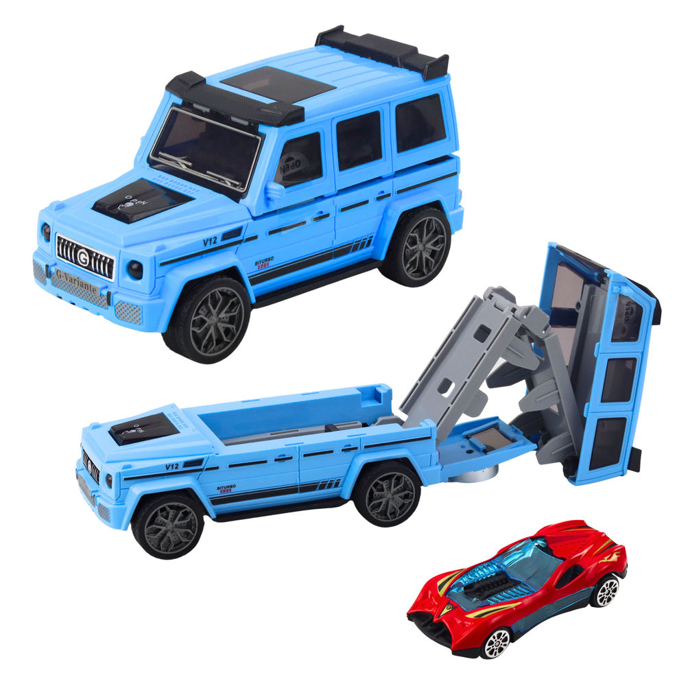 Terénní auto s ukrytým autíčkem, světlem a zvukem – bílé/modré