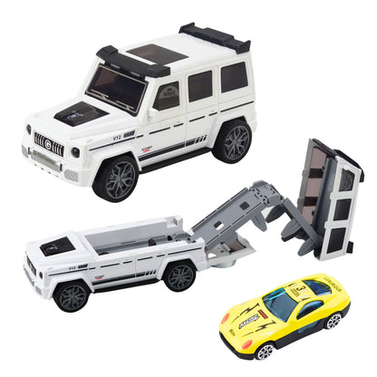 Terénní auto s ukrytým autíčkem, světlem a zvukem – bílé/modré