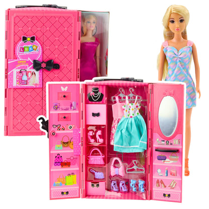 Panenka s růžovou šatní skříní a oblečky – 30 cm