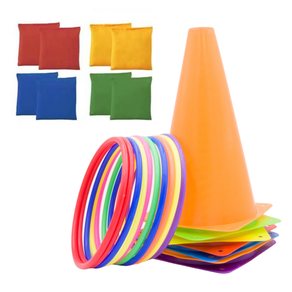 Sportovní set na hry s kužely, obruče a pytlíky 29 ks
