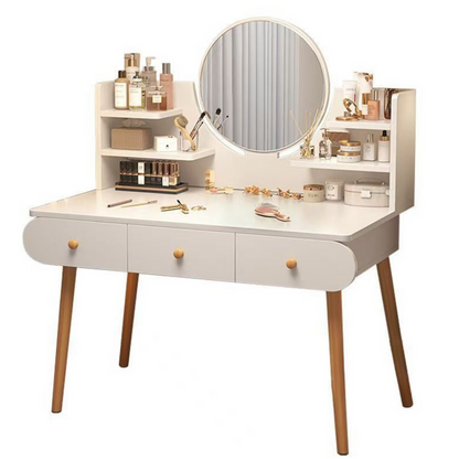 Toaletní stolek s kulatým zrcadlem a třemi zásuvkami – bílý