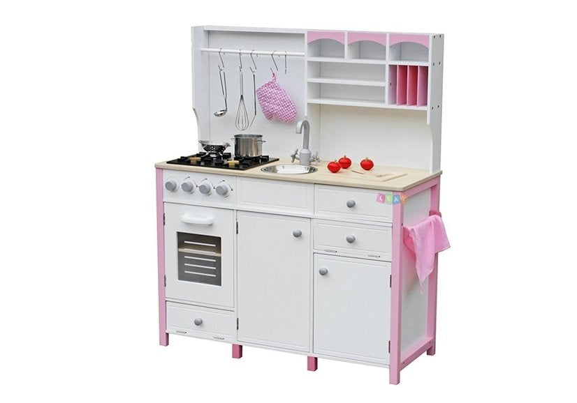 Wooden Kitchen for Kids Pink and White Paula Opening Elements