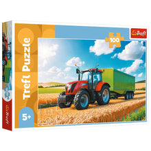 Puzzle 100 dílků – Traktor s přívěsem na poli – Trefl