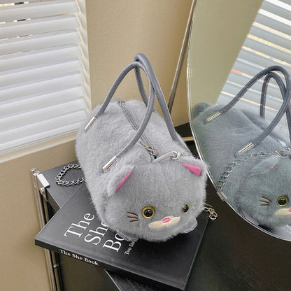 Plyšová kabelka ve tvaru kočky s řetízkem – šedá