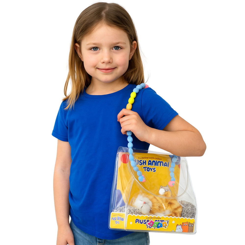 Spící zrzavá kočička na polštářku s měkkým kožíškem a zvuky – dekorace