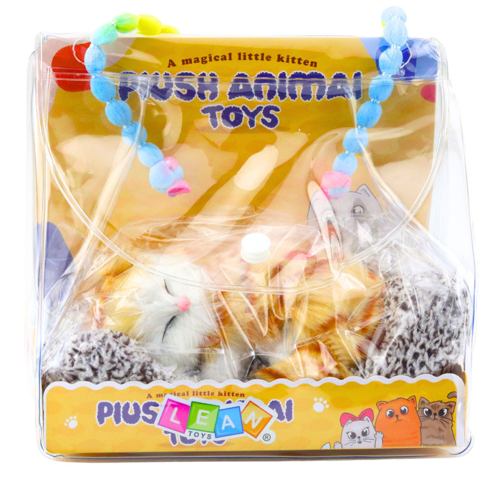 Spící zrzavá kočička na polštářku s měkkým kožíškem a zvuky – dekorace