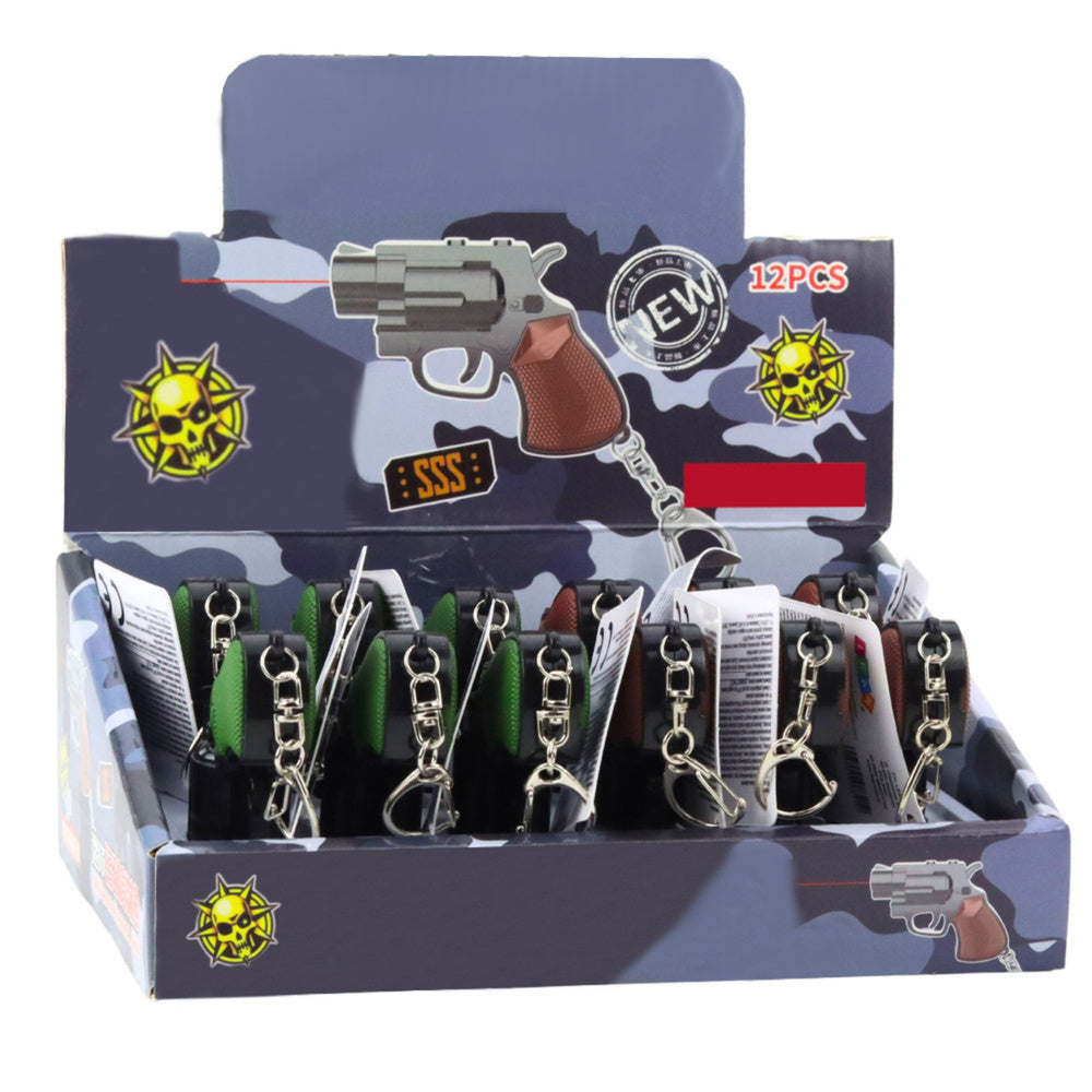 Mini revolver s LED a laserem – přívěsek na klíče 6,5 cm