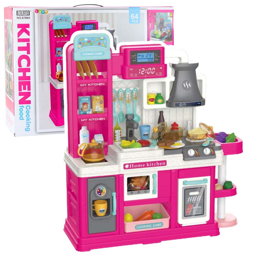 Dětská kuchyňka s vodním oběhem a párou – růžová, 64 dílů