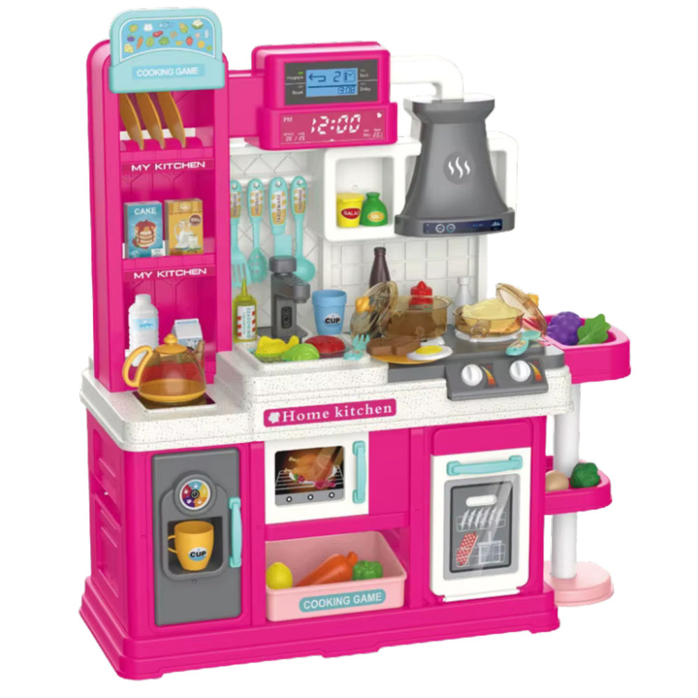 Dětská kuchyňka s vodním oběhem a párou – růžová, 64 dílů