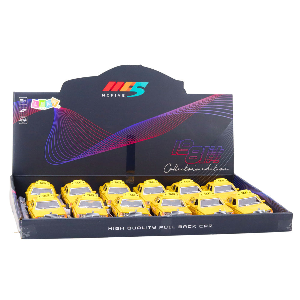 Kovové taxi auto se zpětným natahováním a otevíracími dveřmi – žluté 1:32