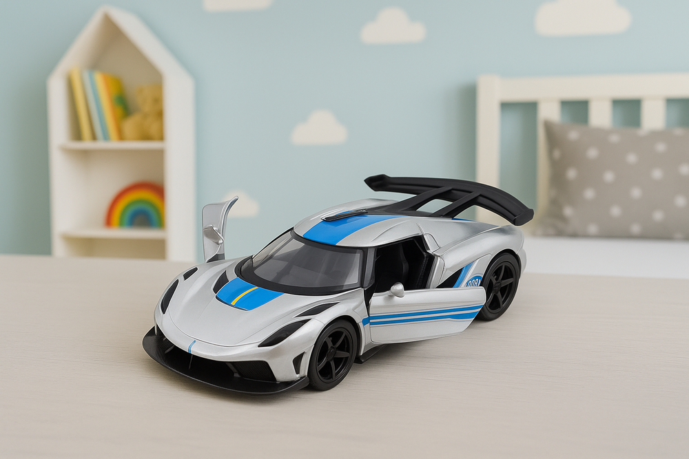 Sportovní auto kovové s otevíracími dveřmi 1:32 – stříbrné