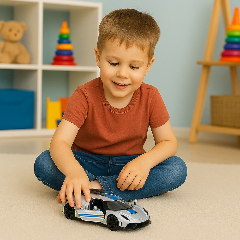 Sportovní auto kovové s otevíracími dveřmi 1:32 – stříbrné