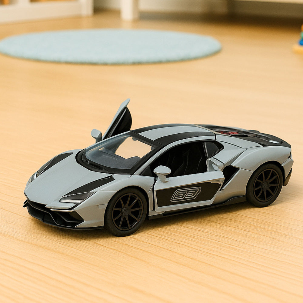 Kovové závodní auto s otevíracími dveřmi a zpětným natahováním 1:32 – šedé