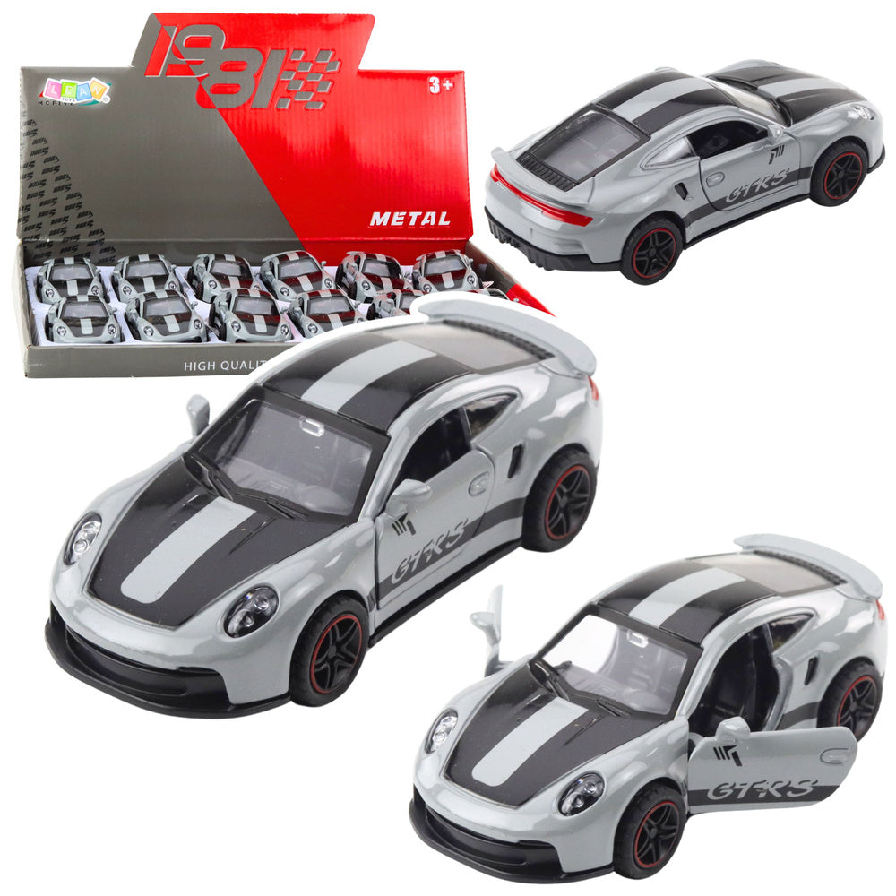 Kovové závodní auto GTRS s otevíracími dveřmi – šedé 1:43