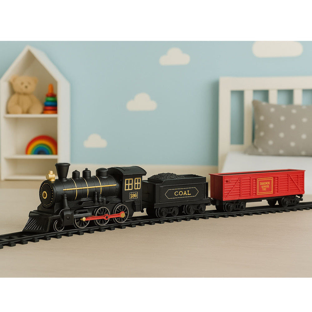 Elektrická vláčkodráha s lokomotivou, vagony a kolejemi – se světly a zvuky