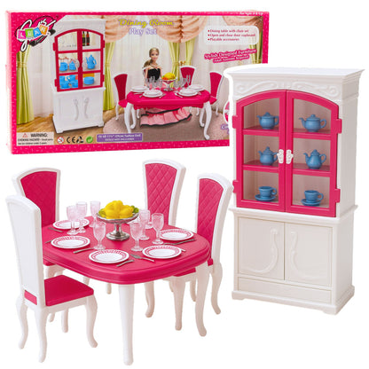 Jídelní set pro panenky s nábytkem a nádobím – růžový